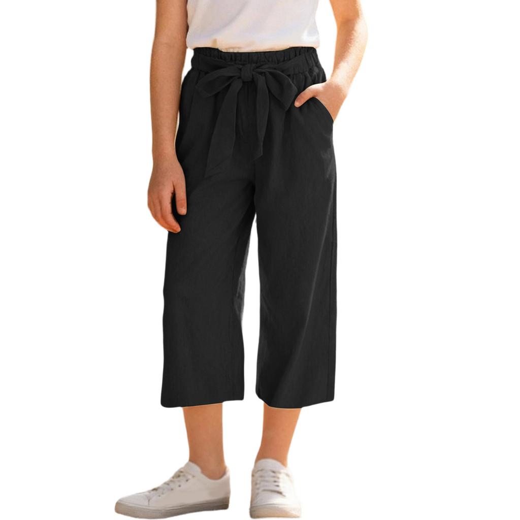 Girls' -Color Cotton-Linen Wide-Leg Loose-Fit Cropped Pants With Elastic Waistband