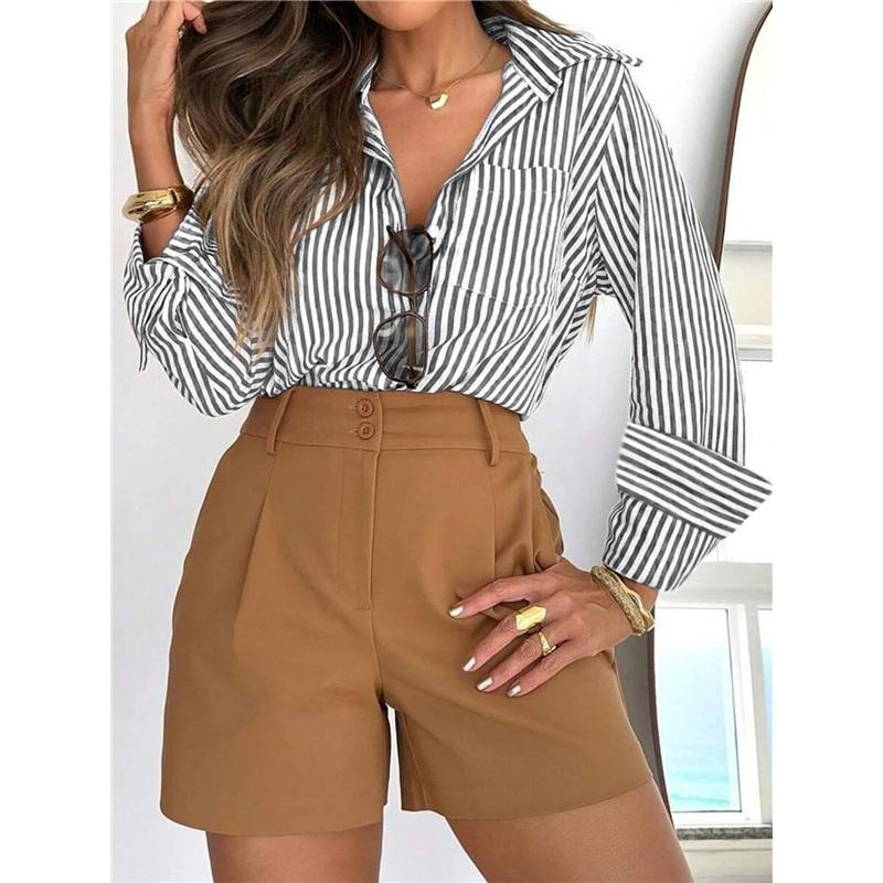 Women s Striped Button Down Shirt Long Sleeve Turn Down Collar Casual Blouse L чёрный
