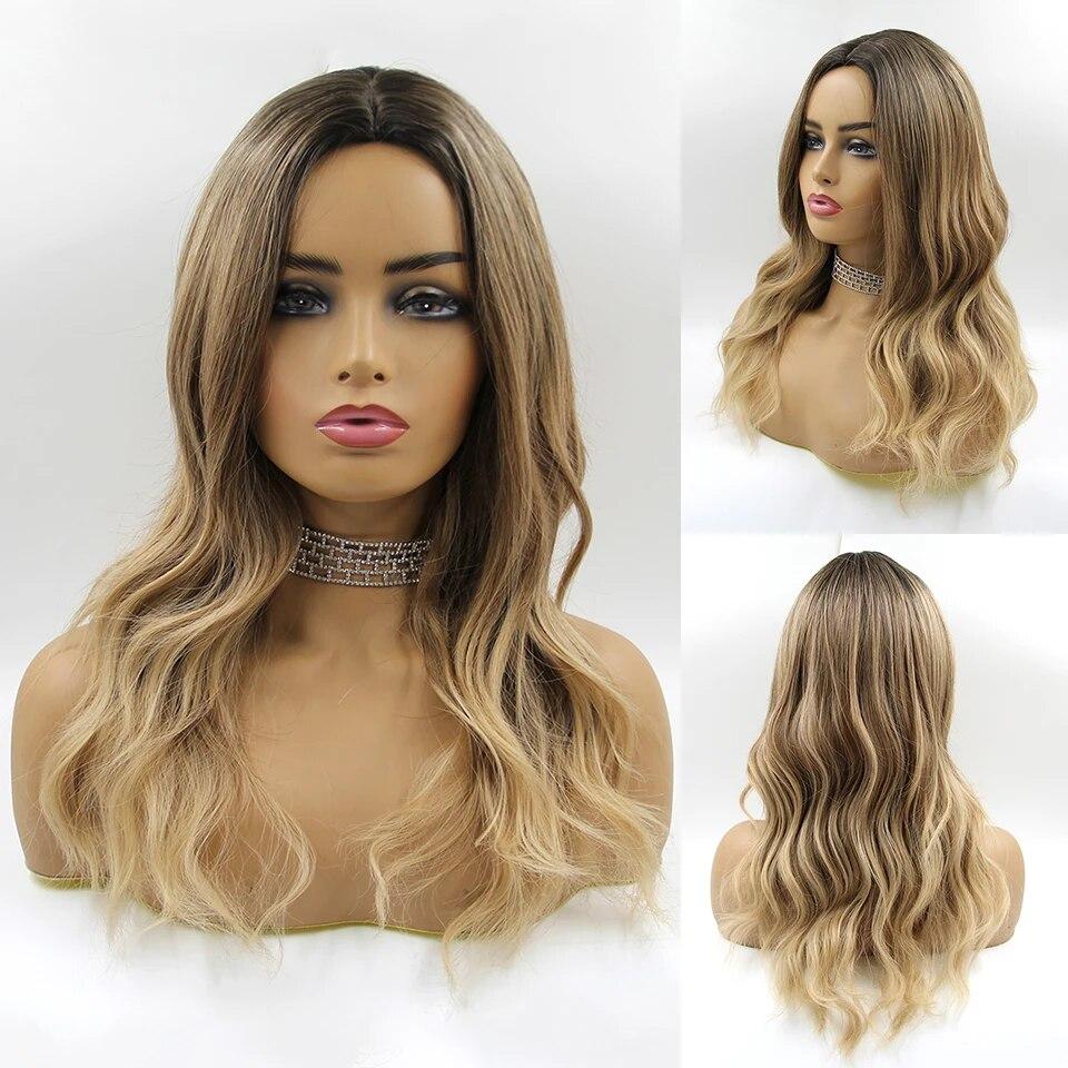 Μακριές καφέ Ombre συνθετικές περούκες για γυναίκες Φυσικά μαλλιά κυματιστές περούκες μεσαίου μέρους Γυναικεία περούκα Cosplay ανθεκτικές στη θερμότητα περούκες από ίνες