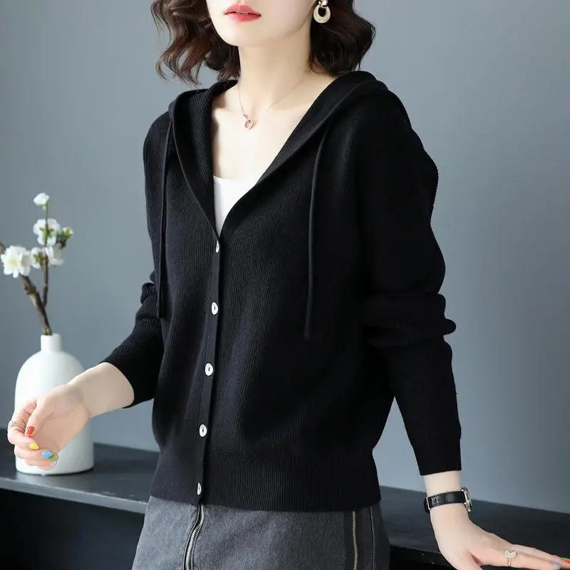 Spring and Autumn New Style Women's Hooded Knitted Jacket Women's Short Loose Outer Knitted Cardigan All-match Women
