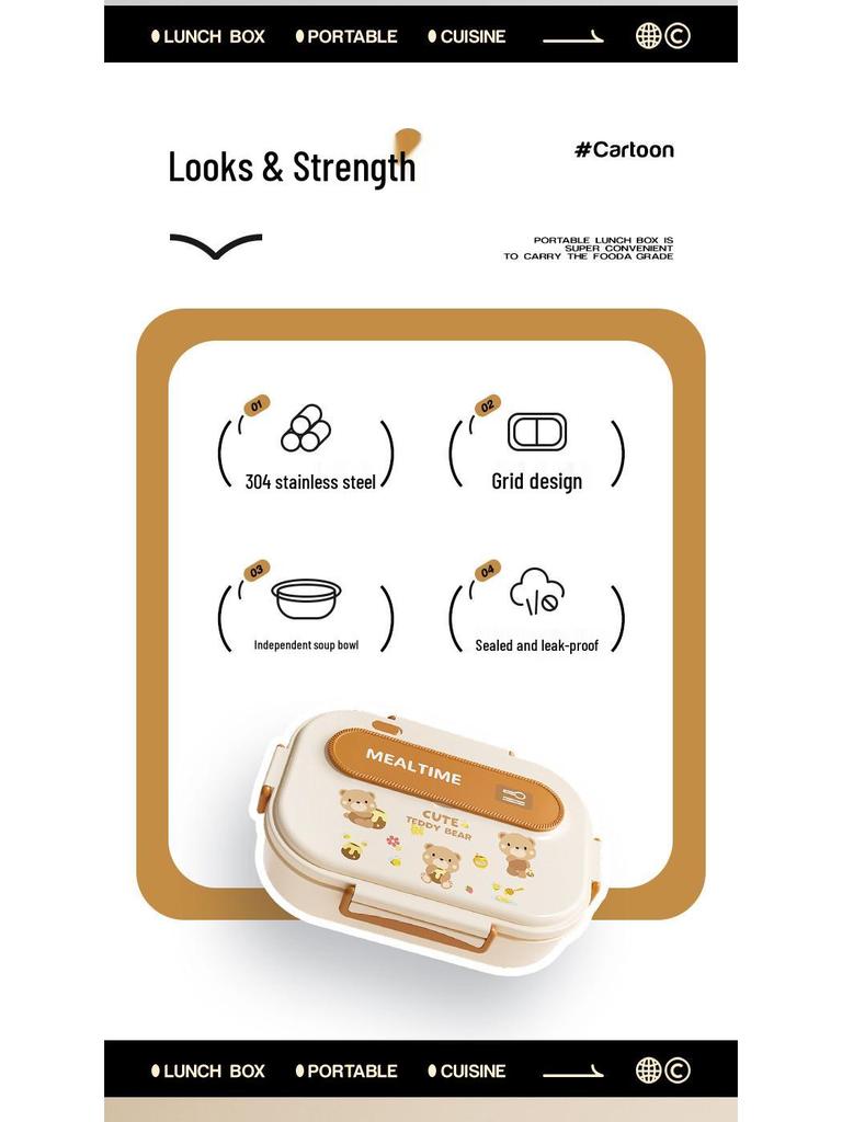 304 Stainless Steel Portable Insulated Lunch Box with Compartmented Lid, Large Capacity Bento Box for Students.