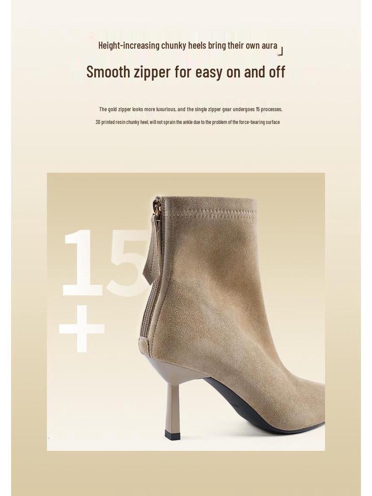 2025 Autumn/Winter Stretch Suede Stiletto Heel Pointed Toe Ankle Boots – Sexy, Soft, Comfortable Sock Design