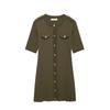2024 Autumn Women's Military Green Ribbed Knit Button-Up Dress