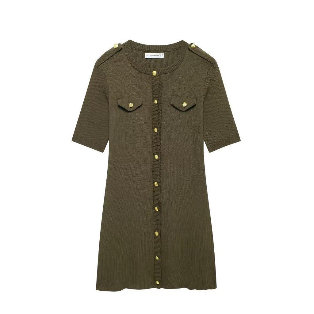 2024 Autumn Women's Military Green Ribbed Knit Button-Up Dress