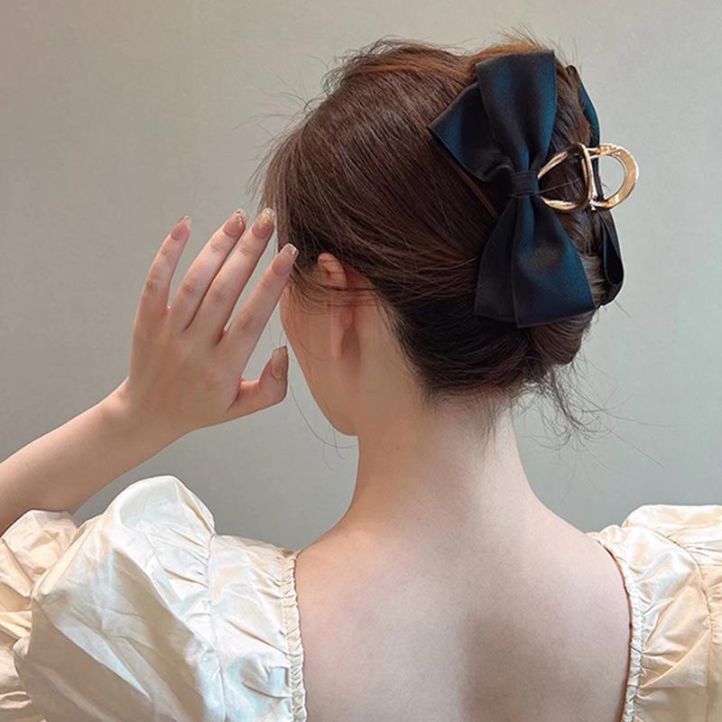 Women's High-End Black Satin Bow Hair Claw Clip