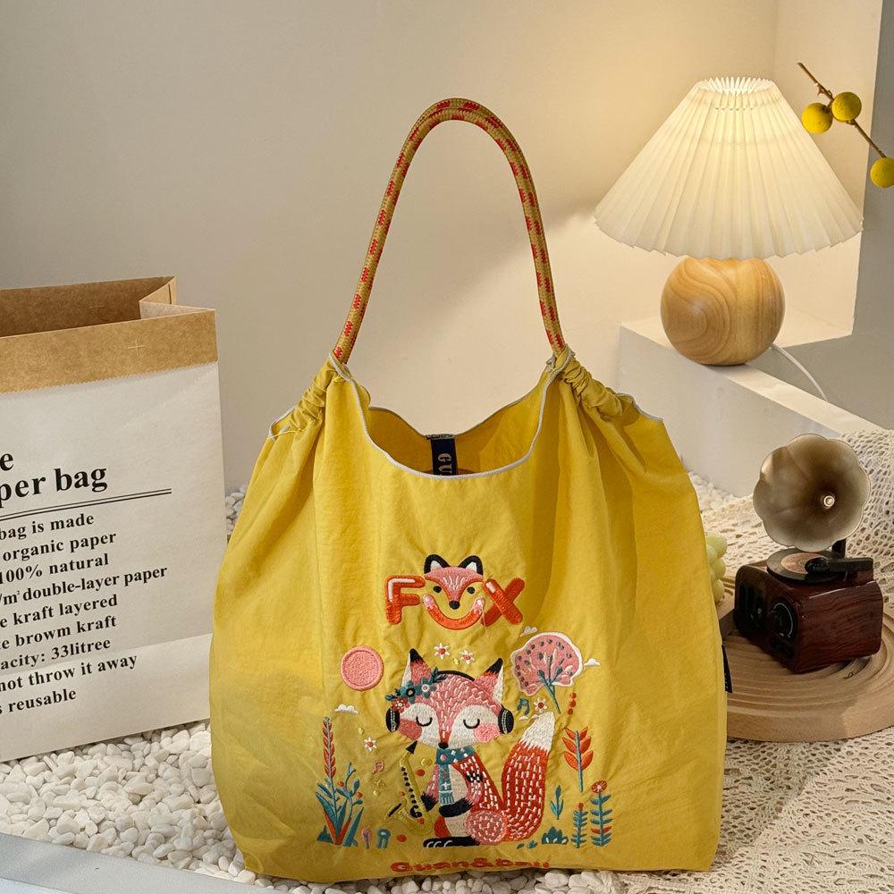 Japanese Style Handmade Waterproof Nylon Canvas Bag with Embroidered Patterns, Large Capacity