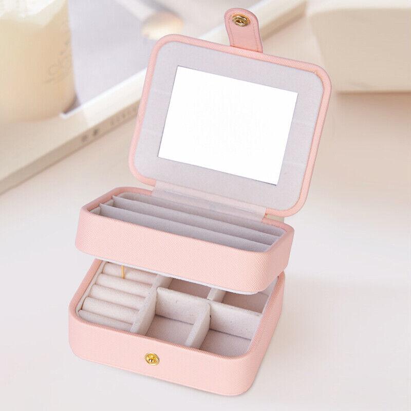 

Портативная шкатулка для хранения ювелирных изделий с зеркалом, дорожный органайзер, кожаный чехол для хранения сережек, ожерелий, колец, ювелирных изделий розовый