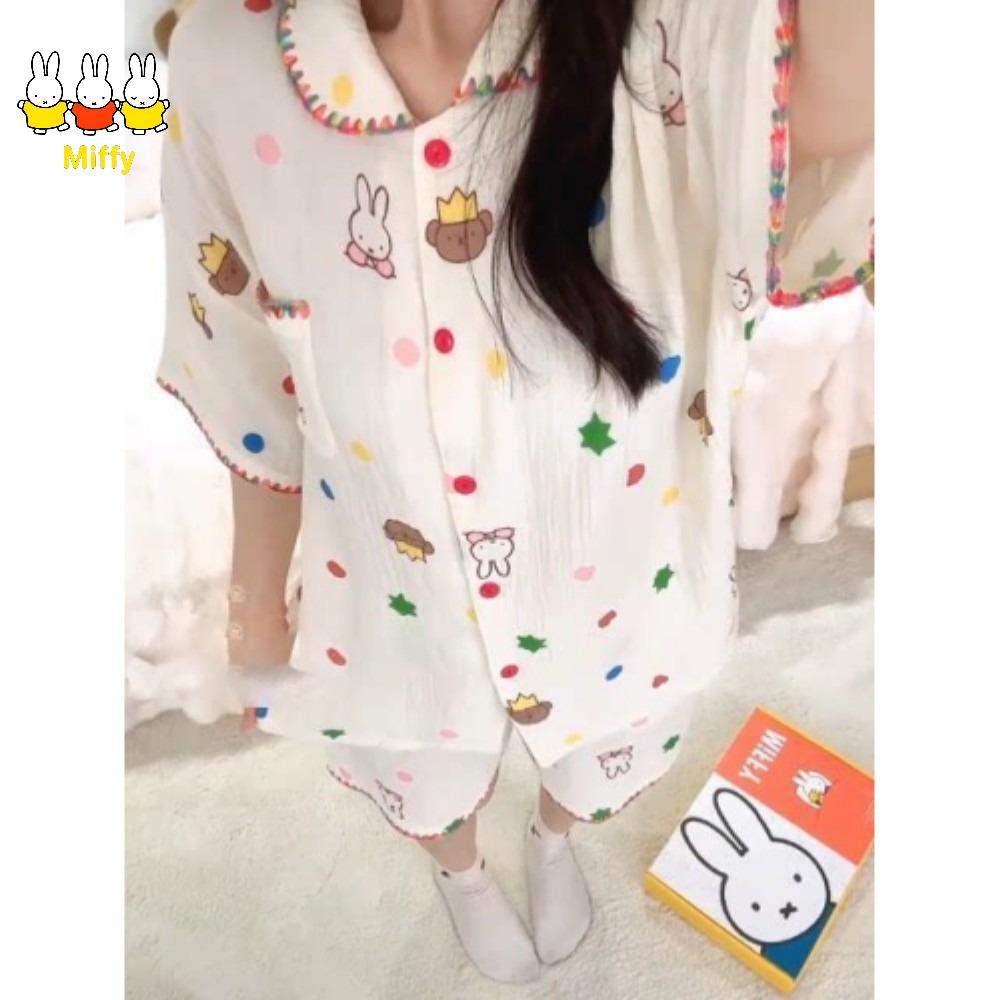 Kawaii Miffy Pajamas Cartoon Colorful Polka Dot Miffy Summer Pajamas for Girls New Style Short-sleeved Short Pants Home Wear Set
