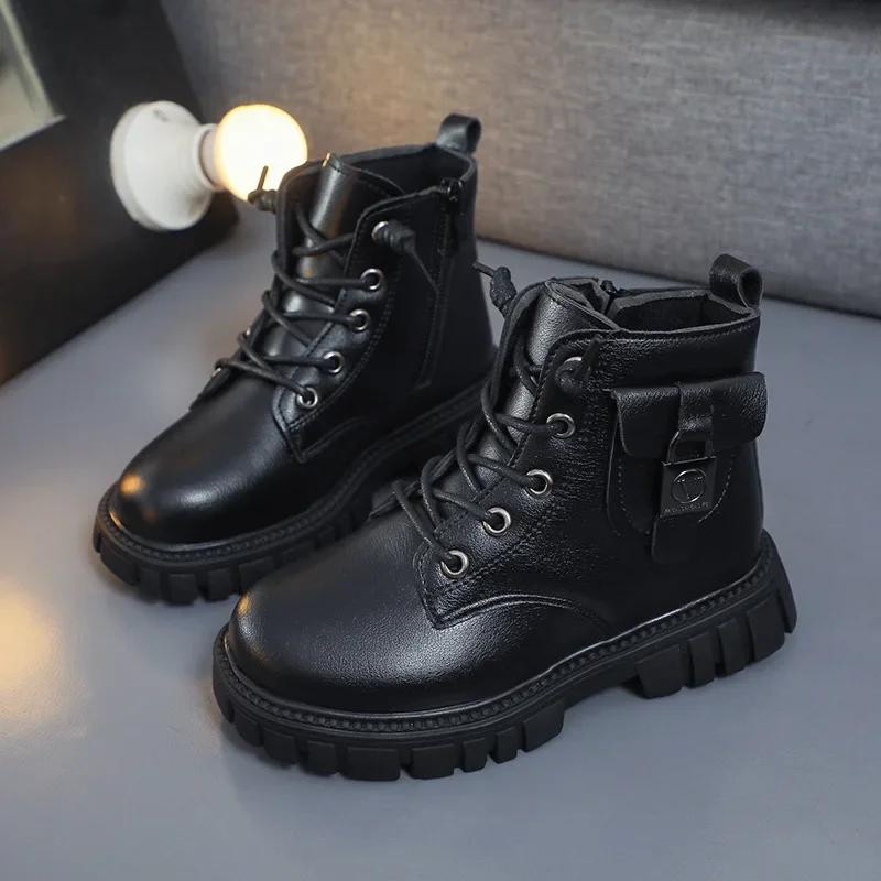 Autumn Winter Warm Kids Versatile Anti-slip Cotton Boots Children Leather Boots Girls Boys Casual Comfortable Short Boots