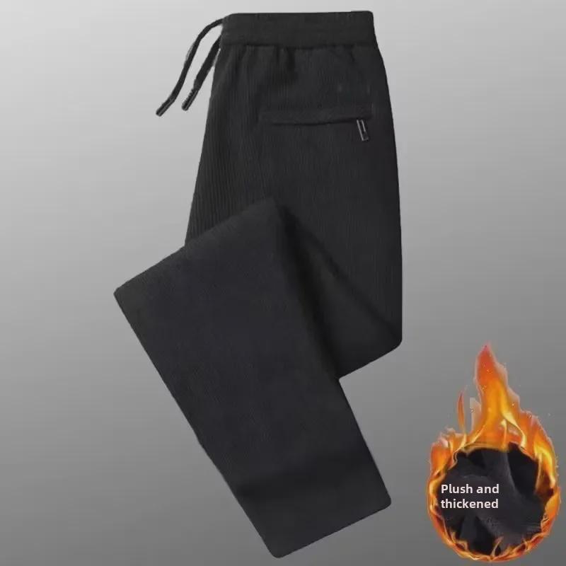 Men's Corduroy Straight Loose Casual Pants with Velvet Lining for Autumn and Winter