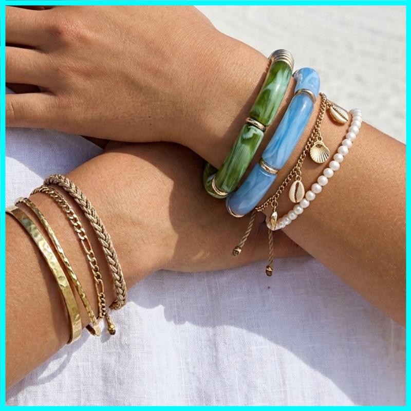 2PCS Set Vintage Design Resin Elastic Bracelet Blue Bamboo Gold Color Spacer Pearl Bracelet Blue Green Color Bangle