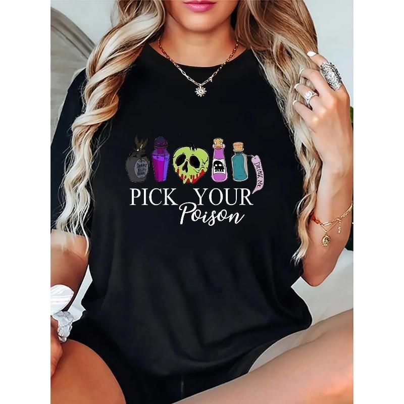 European Size Halloween-Inspired 'Pick Your Poison' Graphic T-Shirt for Women - Casual Crew Neck Short Sleeve Tee with Polyester and