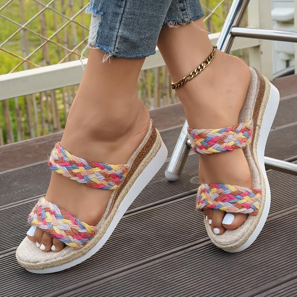 Women Wedge Heeled Slippers Summer 2025 Hemp Rope Chunky Platform Shoes Woman Plus Size Thick Bottom Ankle Strap Sandals