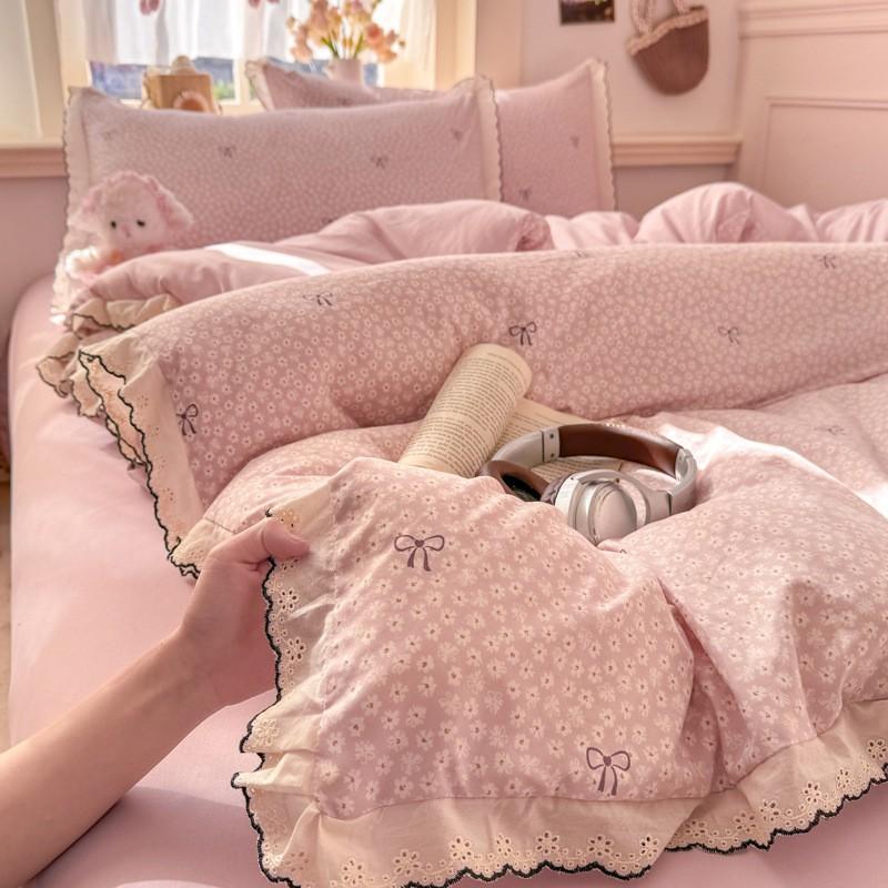 2026 Faux Cotton Washed Lace Bedding Set Floral Duvet Cover