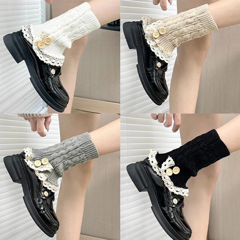 Harajuku Lace Edge Button Knitted Socks for Women Winter Warm College Style Thick Boot Socks Japanese Style Lolita Leg Warmers
