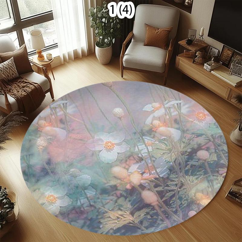 

Oil Painting Round Rug Floral Starry Sky & Sunrise Pattern Non-slip Decorative Mat Cozy Floor Carpet for Living Room Bedroom 80cm x 80cm