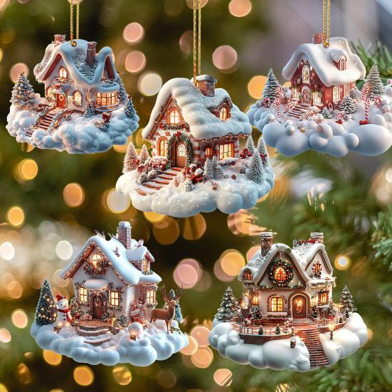 Snow Village House Ornament Rustic Log Cabin Hanging Ornament 2D Acrylic Cottage with Snow Scene for Winter Wonderland Xmas Tree Decor