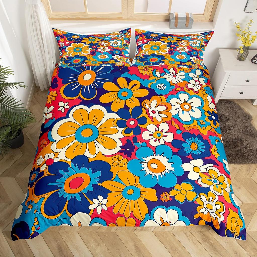 Vintage Blumen Bettbezug King Queen Retro Blumen Bettwäsche Set Boho Hippie Deckenbezug Groovy Blüte Polyester Steppdeckenbezug
