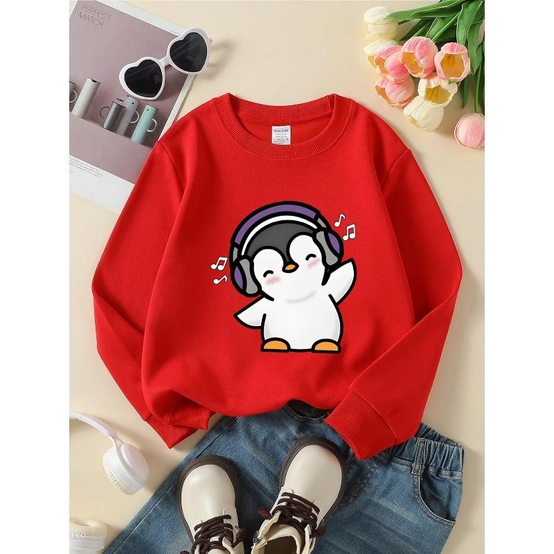 European sizes Crewneck Sweatshirt for Kids Featuring an Adorable Dancing Penguin with Headphones.Perfect for Sports And Casual Outings