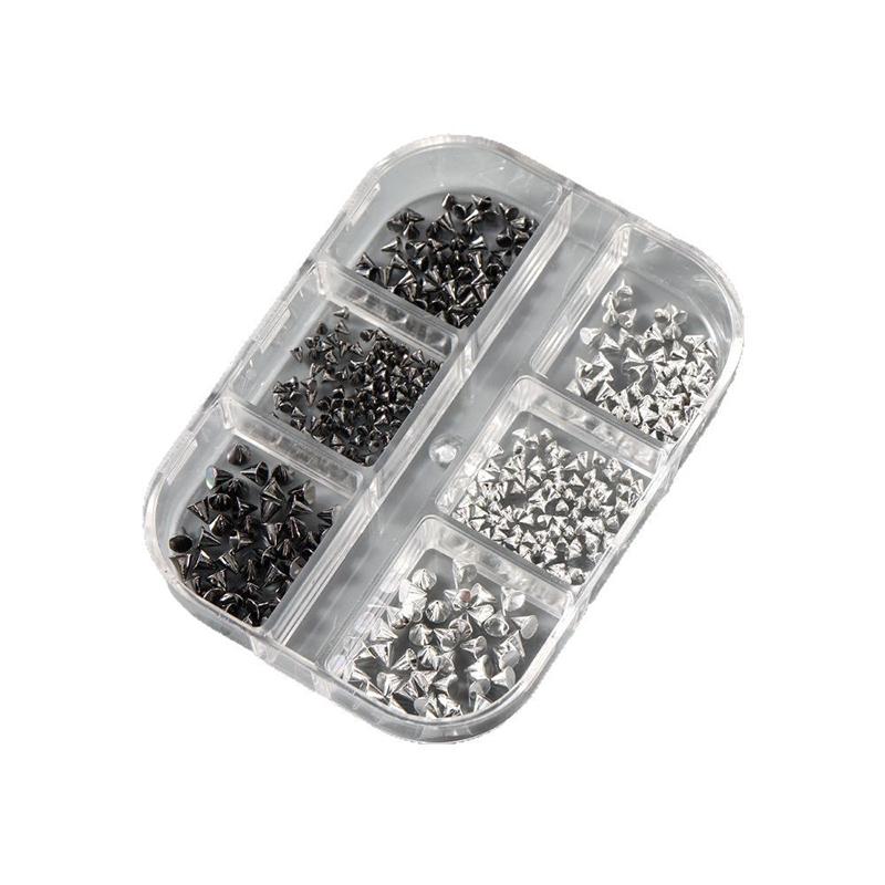 6 Grids Y2K Punk Metal Rivet Nail Charms Cone Mixed Sized Black Silver Nail Art Studs 3D Stylish Alloy Spike For Diy Nails Decor