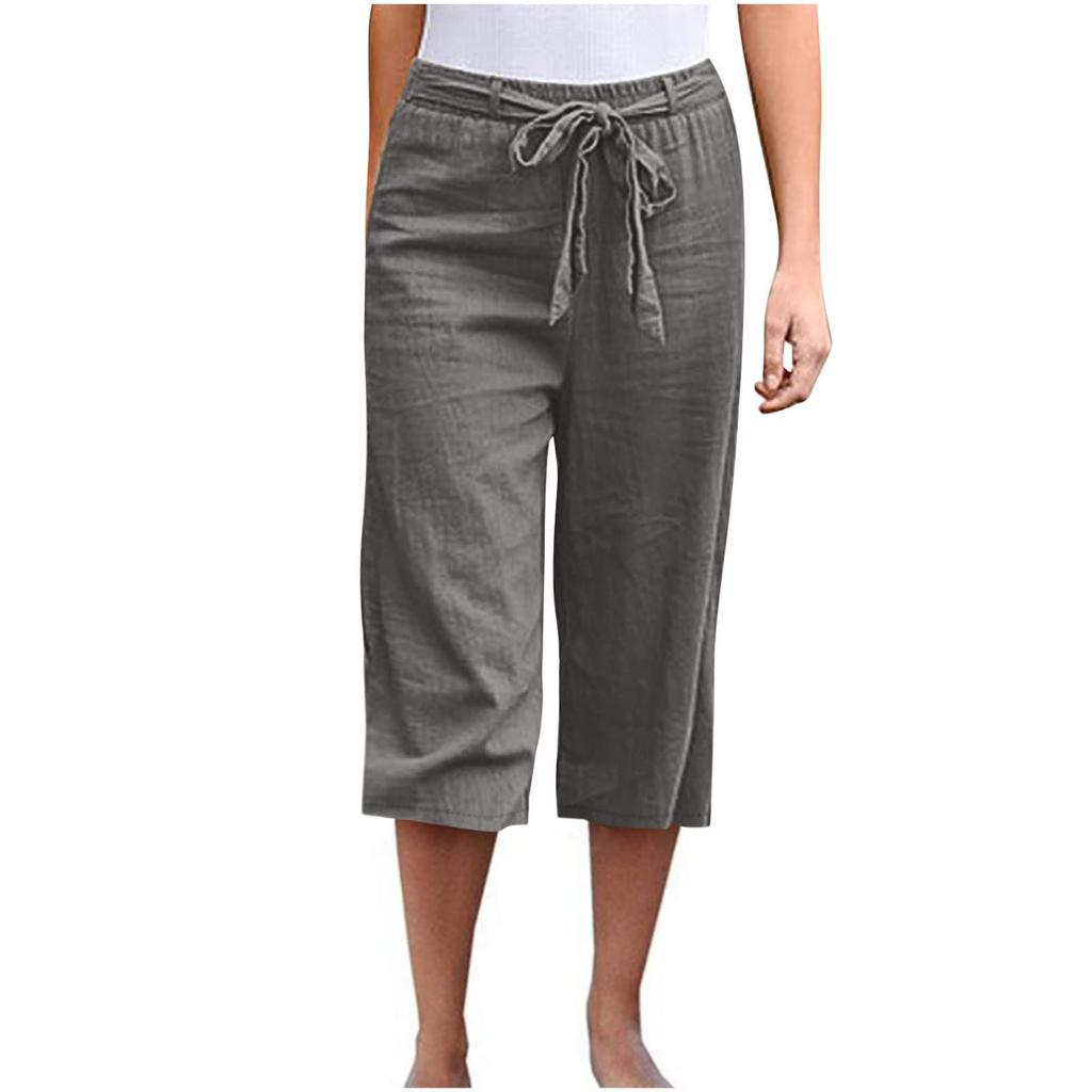 Loose Linen Pants For Women Casual Summer Elastic Tie Waist Pants Wide Leg Cropped Trousers With Pockets