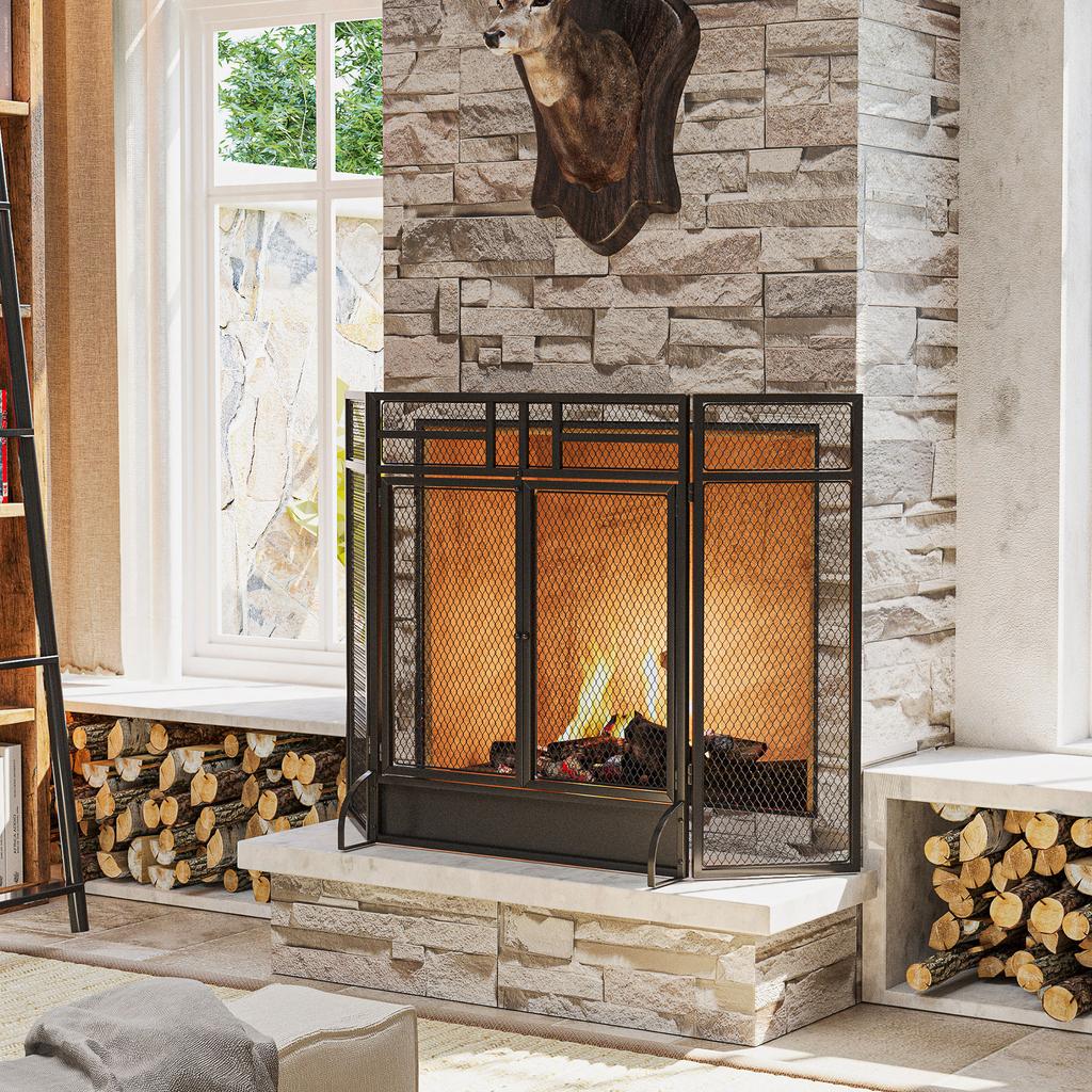 Spark guard protective grille for fireplace fire screen safety barrier 3 folding panels and door 120 x 79 cm