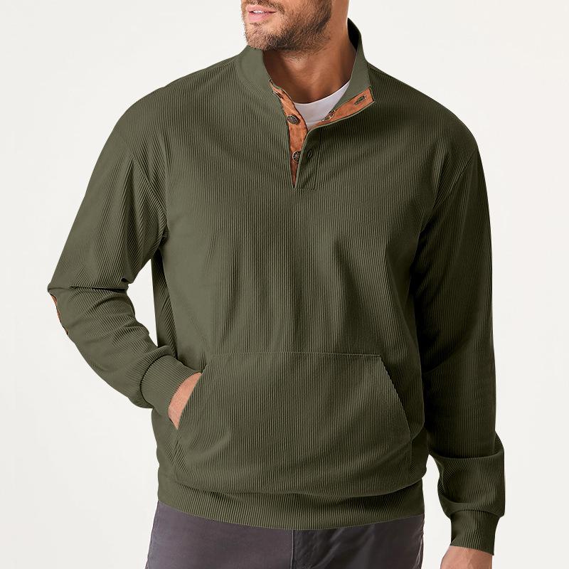 Autumn Men's Casual Stand-Collar Long-Sleeved Corduroy Sweatshirt with Pockets