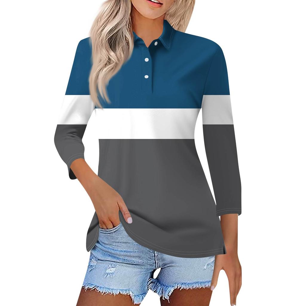 Dámská móda Neformální klopa Krátká košile s 3/4 rukávem s potiskem Dámské topy se zapínáním na knoflíky