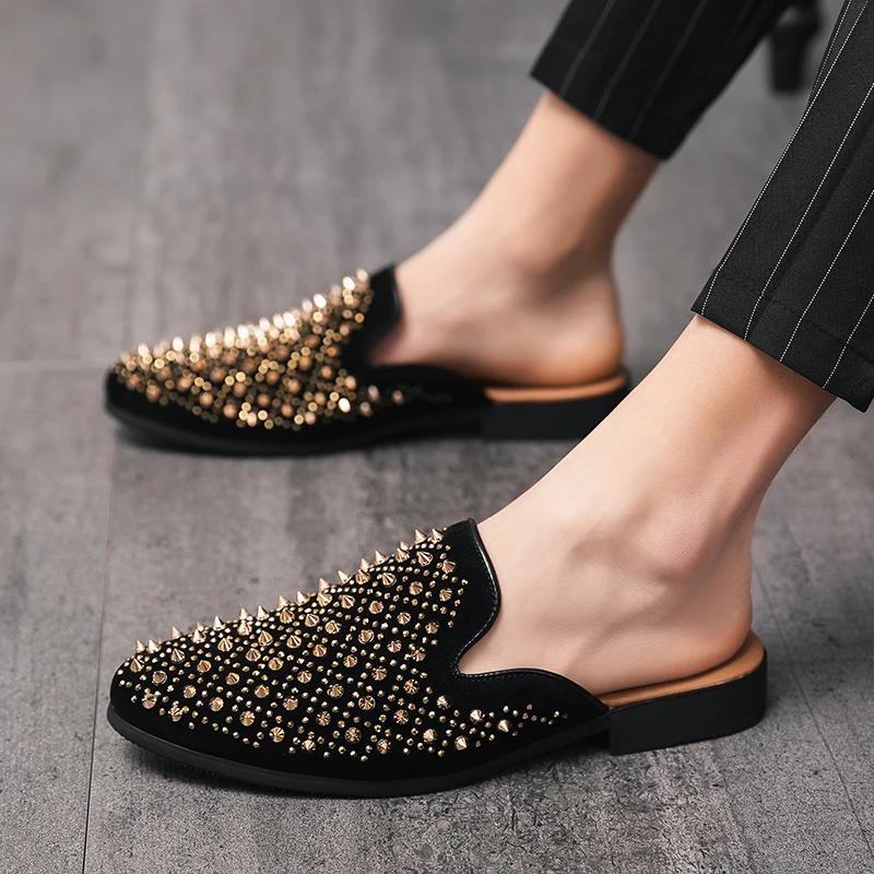 Summer Men Dress Shoes Half Slippers High Quality Men Leather Casual Shoes Party Loafers Flip Flops Lightweight Flats Sandals
