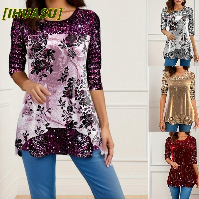 IHUASU Blusas y camisas informales de manga larga con cuello redondo a la moda para mujer