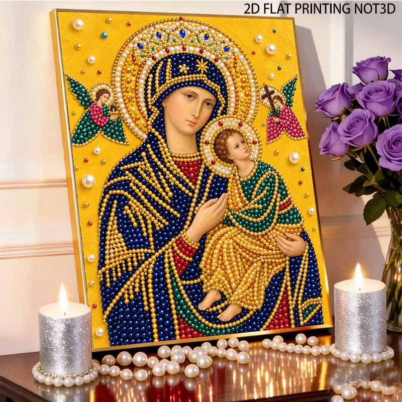 DIY Framed Pearl Bead Art Kit Religious Madonna and Child Pattern Sparkling Canvas Painting for Modern Room Wall Decor Gift