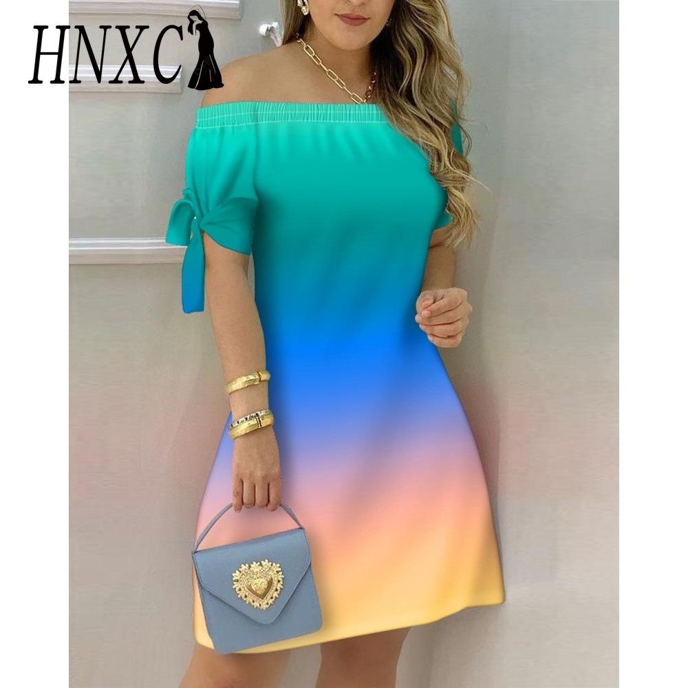 HNXC Women Fashion Off Shoulder Dress Short Sleeve Bow Tie Print Dresses Summer Beach Dresses Plus Size