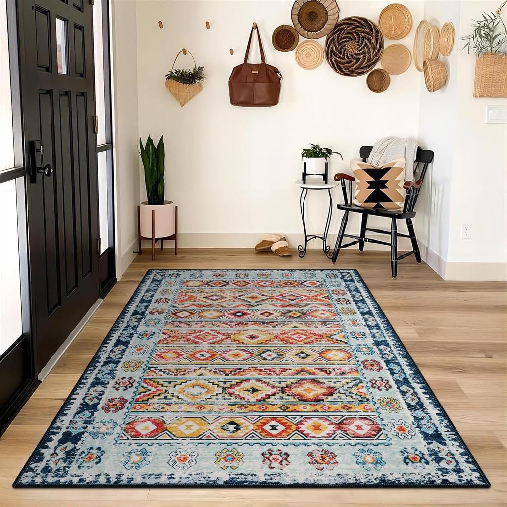 Modrozelený koberec Malé koberce Boho Koberce pratelné v pračce Protiskluzové pro vstupní halu Kuchyň Koupelna Ložnice Vintage Měkký Nízký vlas Modré Květiny Barevný