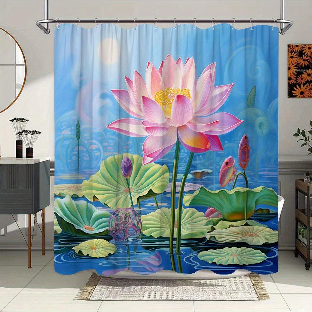 1pc Pink for Lotus Flower Shower Curtain - Vibrant Water Scene with Green Pads & Serene Swirls, 70.86x70.86 Inch Polyester Fabri