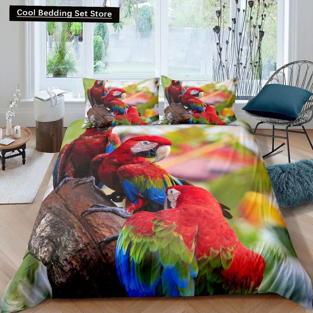 Parrot King Queen Duvet Cover Colourful Feather Bedding Set Rain Trees Bird Quilt Cover Sunset Mountain Natural Comforter Cover