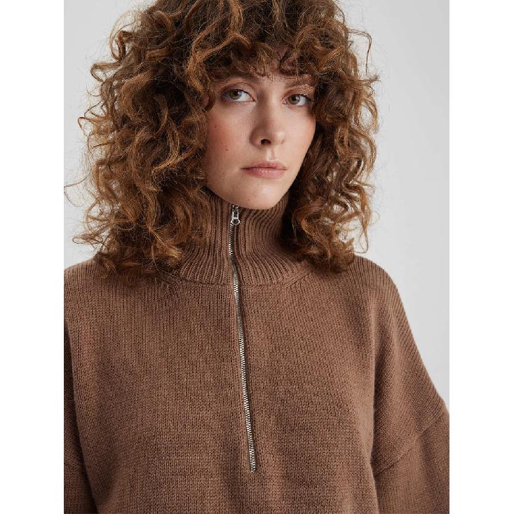 Knitted Lady'S Sweater Stand Collar Drop Shoulder Sleeves Loose Oversized Zippers Fluffy Pullover Autumn Casual Jumper