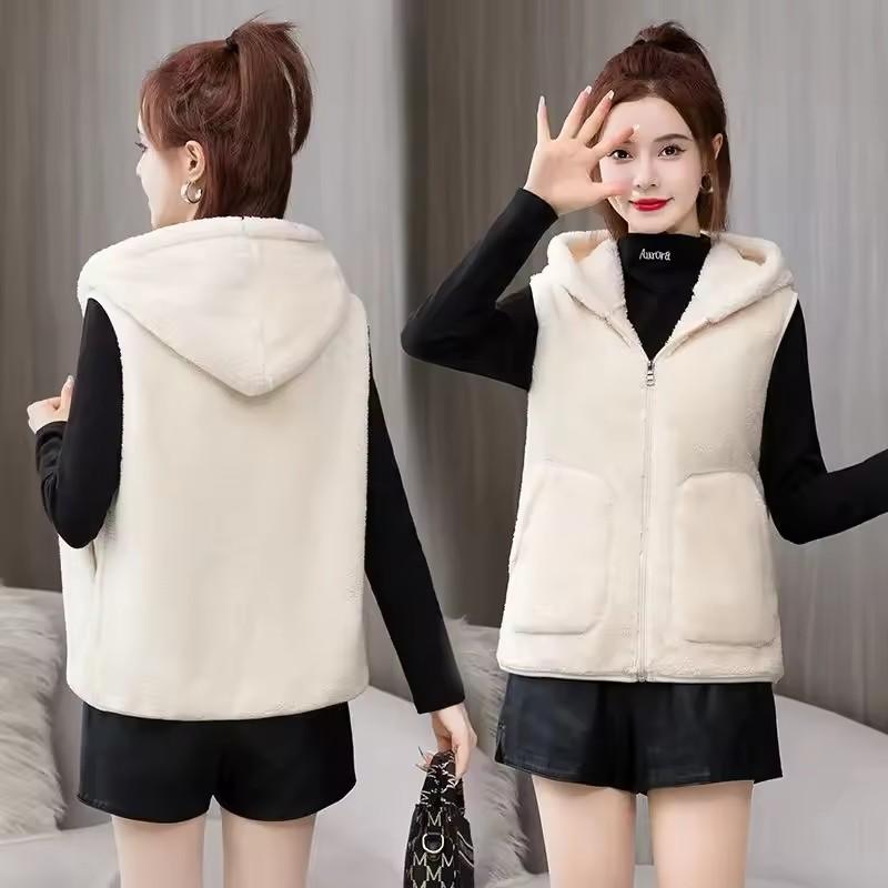 Hooded Fleece Vest Jacket Autumn Winter Women Sleeveless Jacket Lady Casual Warm Soft Waistcoat Female