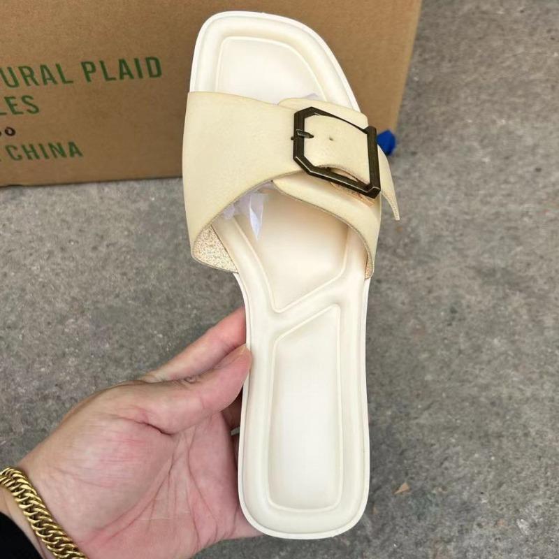 Fashion Buckle Decoration Women's Slippers 2024 Summer Flat Bottom Beach Casual Shoes Female Footwear Brand Design Soft Leather Slides