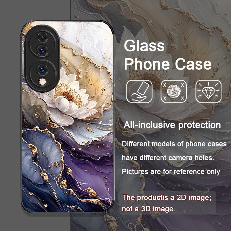 Luxury Lotus Marble Floral Pattern Tempered Glass Phone Case for Huawei Nova 13 12 11 10 SE Mate 70 60 50 ProPlus P60 P40 Cover