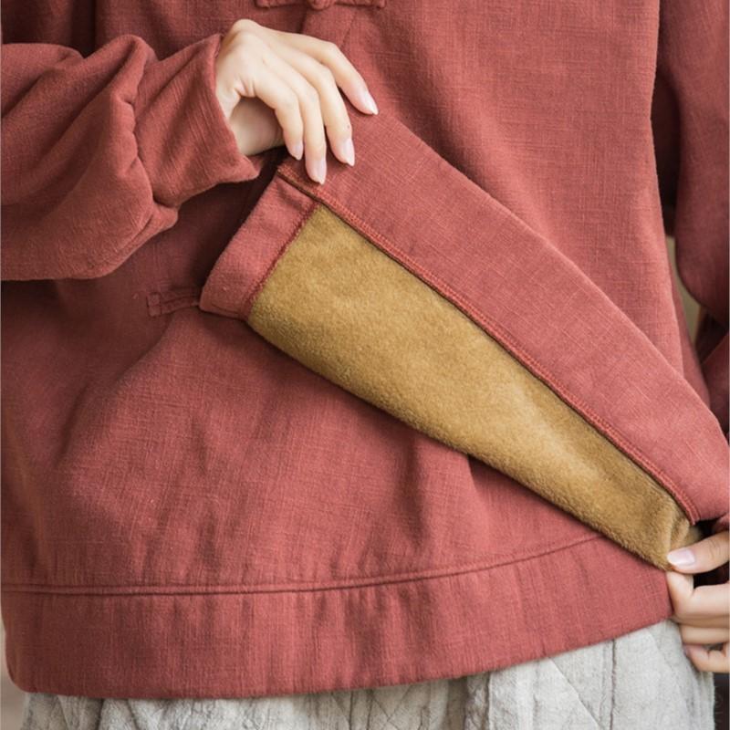 Johnature Women Chinese Style O-Neck Long Sleeve Warm Cloths Winter Solid Color Loose Tops