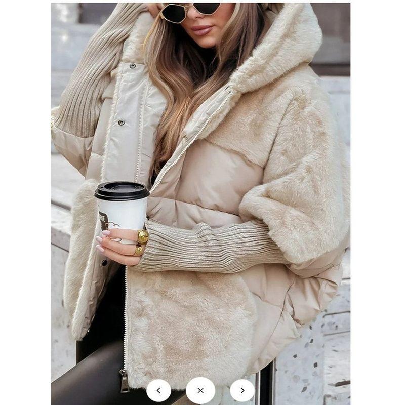 Cross-Border European and American Amazon Autumn and Winter Women New Loose Hood Stitching Sleeves down Jacket Cotton-padded Clothes Outerwear Coat