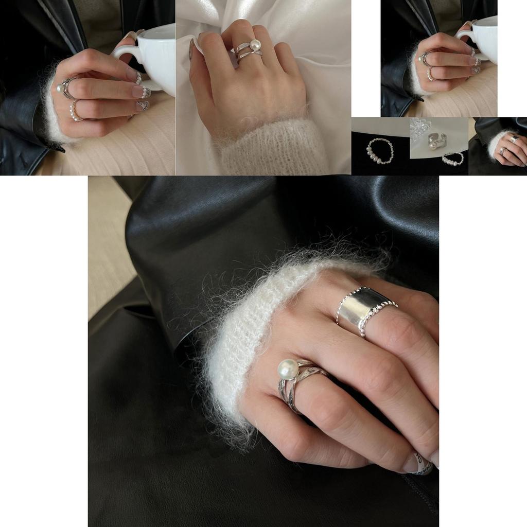 Stylish Double Layer Pearl Fragment Silver Beaded Ring For Women With Unique Geometry