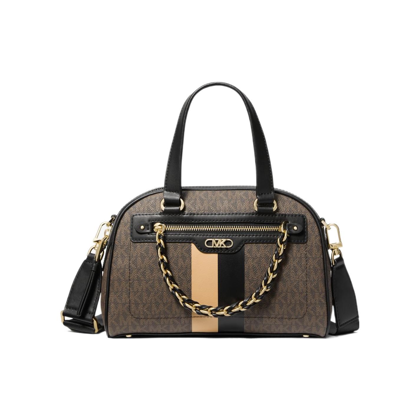

Michael Kors Logo Chain Hardware Zipper Closure PVC Leather Canvas Shell Bag Women Shoulder Bag Black Brown 30F3G6WS1B-3199 Basic Set (Bag+Dust Bag)