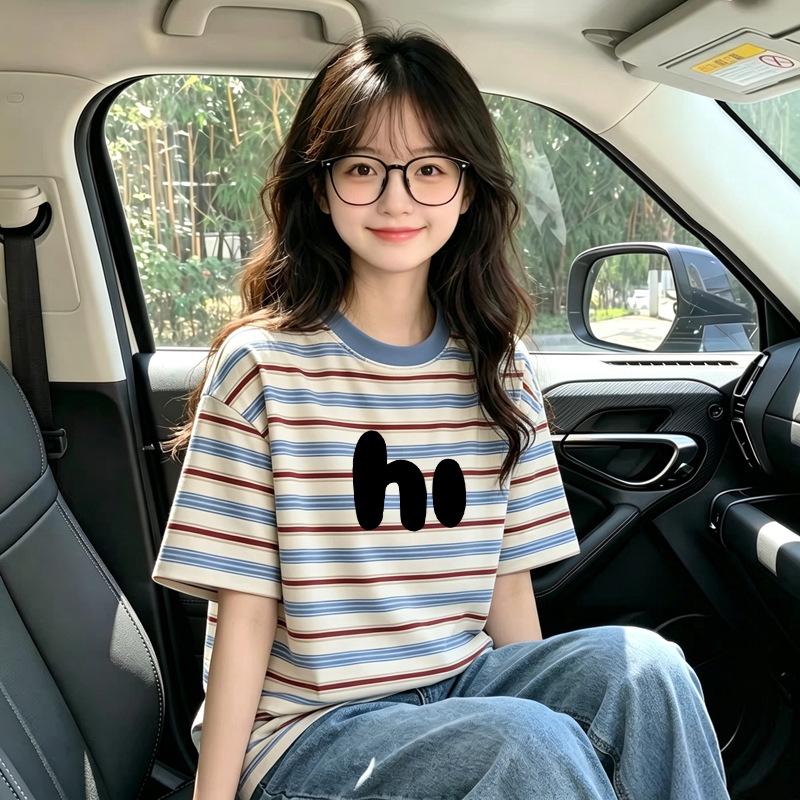 Korean Style Girls' Striped Short-Sleeve T-Shirt, Summer Fashion for Ages 6-12, Loose Fit Versatile Top
