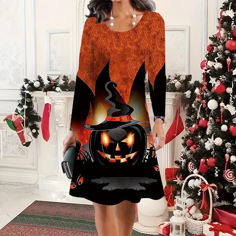 

2025 Осень и Зима Новое Повседневное Женское Платье с Круглым Вырезом 3D Хэллоуинский Узор Идеальный Подарок на Хэллоуин Рождество 8XL оранжевый