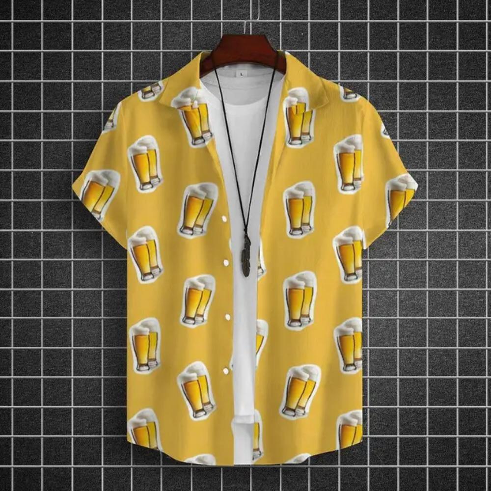 Hawajska Koszula Męska 3D z Nadrukiem Piwa Krótki Rękaw Koszule Koszulka na Imprezę Piwną T-shirty Letnie Codzienne Luźne Oversize Odzież Męska