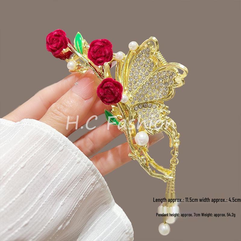 Ретро бордовая роза кисточка заколка для волос: Элегантная качающаяся заколка-акула в старинном стиле