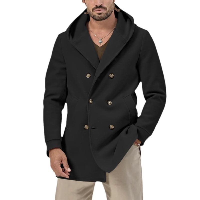 Men's Mid Length Lapel Hooded Trench Coat, Composite Spacer Fabric Double Breasted Casual Jacket for Spring Autumn