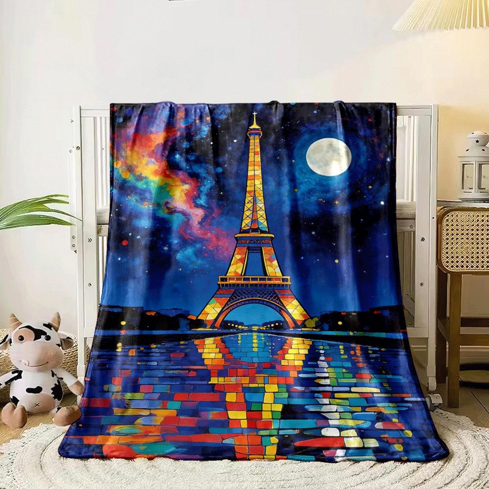 Colorful Eiffel Tower with vibrant sky and water reflection pattern. for all seasons blanket lunch break throw gift