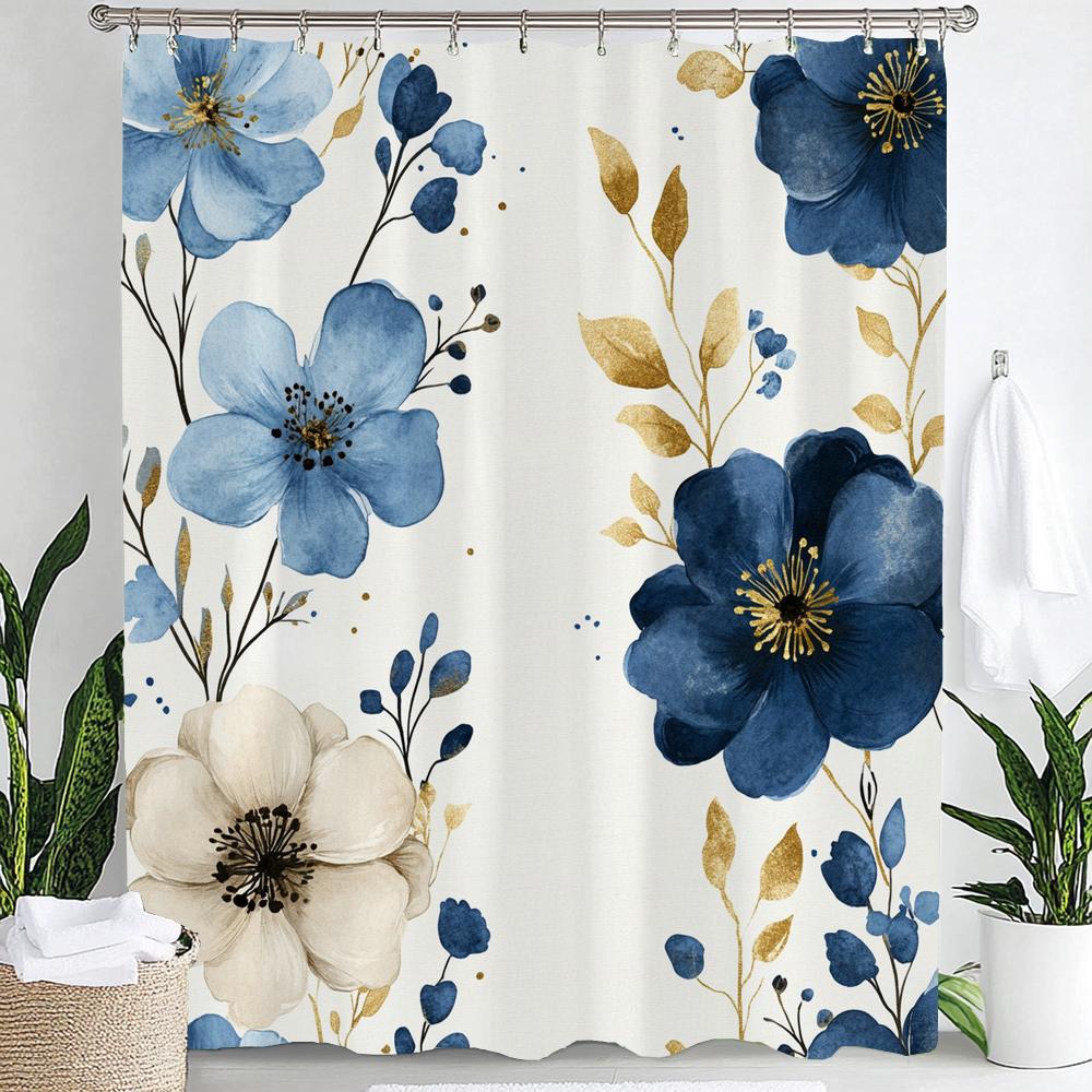 Elegant Blue Floral Print Waterproof Shower Curtain Partition Privacy Hanging Curtain With Hooks Multiple Size Machine Washable